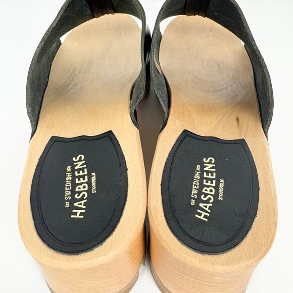 Swedish Hasbeens Ann Low Sandals Mules Clogs Black Leather Wooden Sole Size 41 - Picture 3 of 13